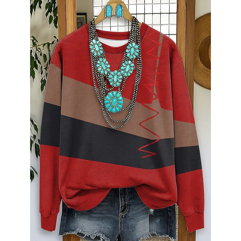 Women's Sweatshirts Graphic Striped Casual Long Sleeve Crew Neck Regular Tops Street Dailywear Casual Print Red Blue Purple Green Fall Winter