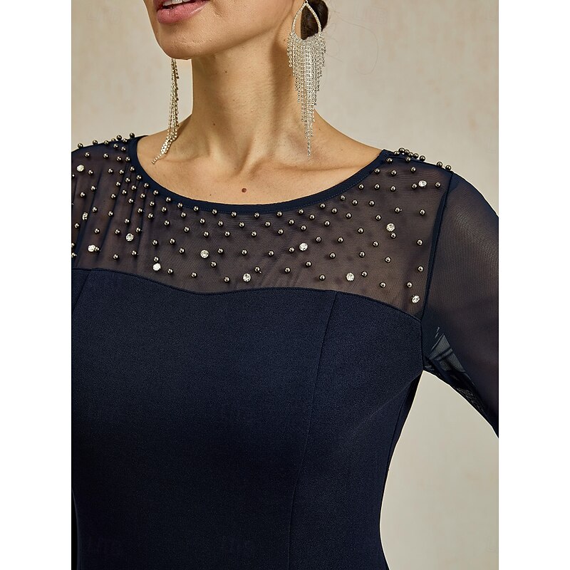 Women's Midi Dress Sheath Dress Elegant Regular Fit Solid Color Half Sleeve Crew Neck Navy Blue Summer Spring3