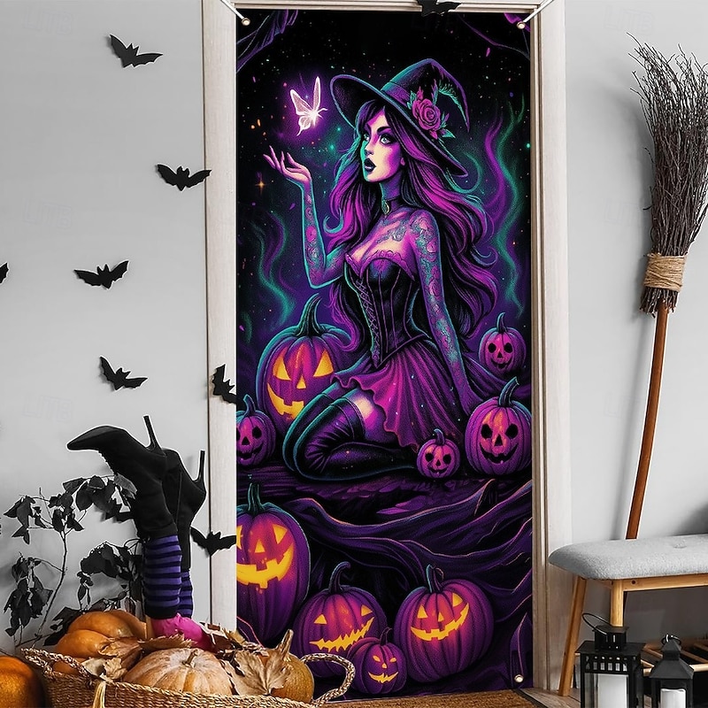 Halloween Door Cover Neon Witch Casting Spells Banner, Glowing Blacklight Entrance Decoration for Outdoor & Indoor 2025 Halloween Bedroom, Living Room, Bathroom2