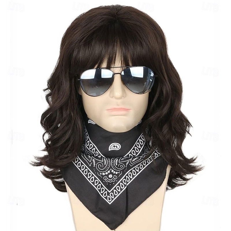 Mens Mullet Wig 70s 80s Outfit Costume Black Brown Long Curly Wavy Rocker Disco Funny Wigs (Only Wigs)