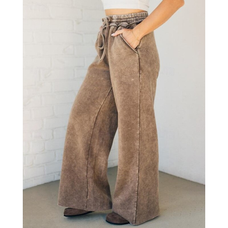 Women's Wide Leg Slacks Streetwear Casual Full Length Natural Plain Pocket Elastic Drawstring Design Soft Holiday Daily Wear Weekend Apricot Black Green Khaki Fall Regular Fit2