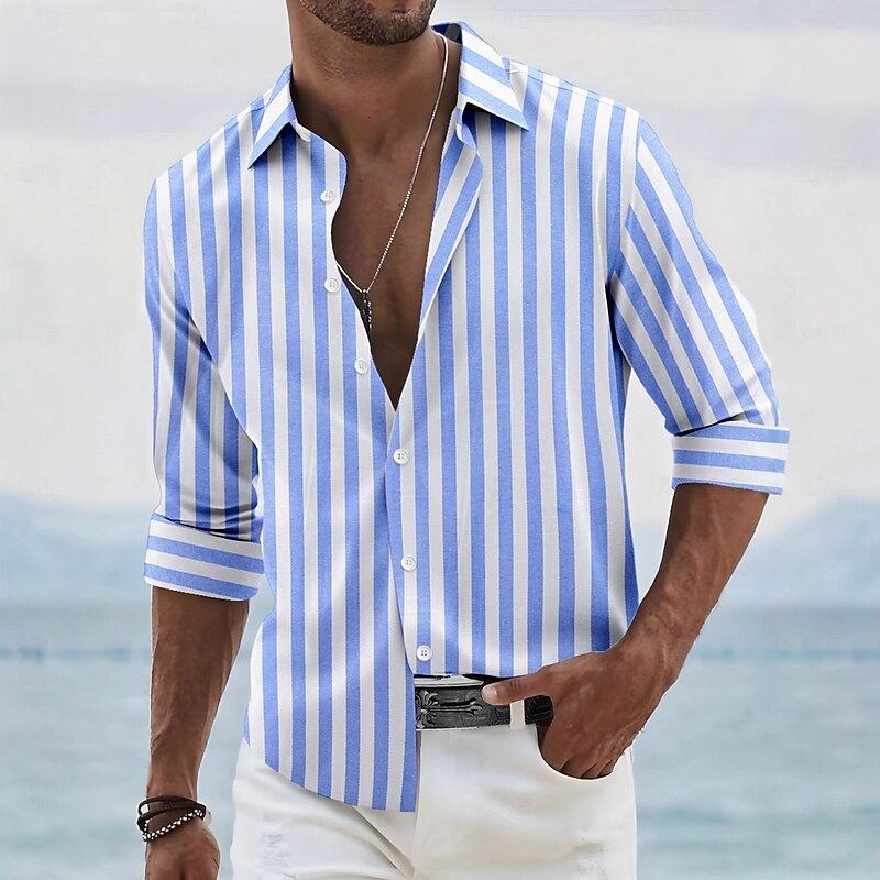 Men's Summer Shirt Casual Shirt Beach Shirt Button Up Shirt Black Pink Dark Navy Sky Blue Light Grey Long Sleeve Stripes Lapel Vacation Hawaiian Button-Down Clothing Apparel Polyester Fashion Casual2