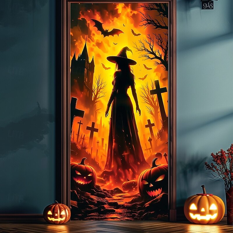 Halloween Door Cover – Silhouette of Witch in Fiery Portal, Haunted House Entrance Banner, Scary Outdoor 2025 Halloween Decoration for Bedroom, Living Room, Bathroom2
