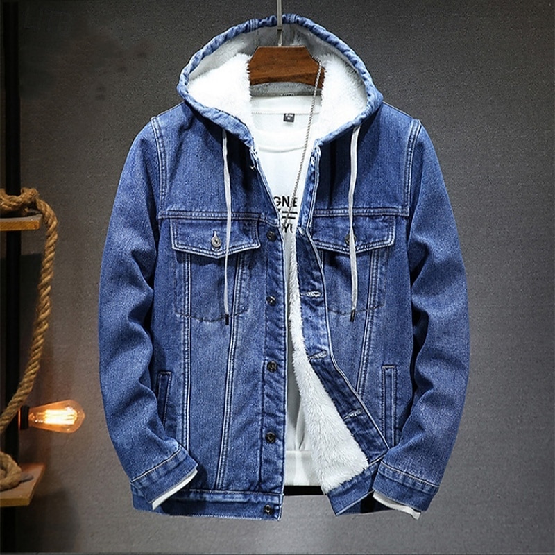 Men Fleece Jacket Denim Jacket Casual Thermal Warm Windbreaker Hooded Winter Solid Color Casual Hooded Regular Black Blue Jacket2