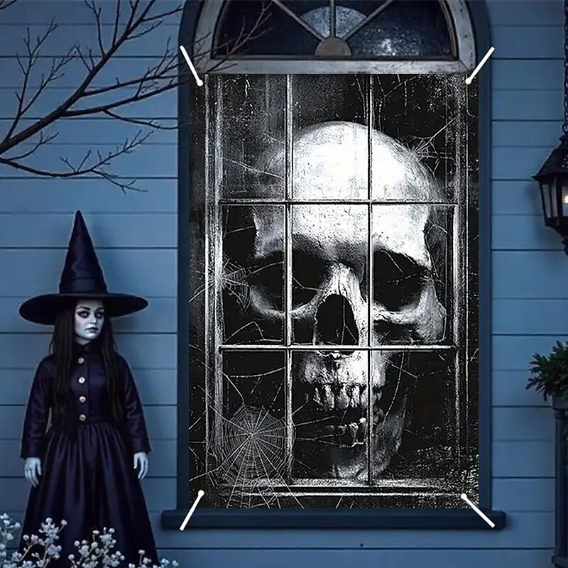 Halloween Window Curtain Giant Skull Behind Broken Glass, Creepy , Scary Door Cover, Window cover, Wall Tapestry for 2025 Halloween Spooky Home Decoration4