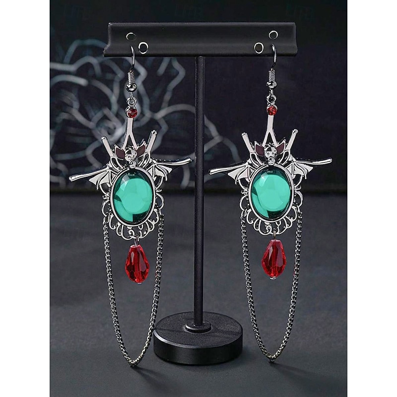 Women's Halloween Bat Drop Earrings with Green Gemstone and Red Teardrop, Gothic Vampire Style Jewelry for Costume Party and Cosplay3