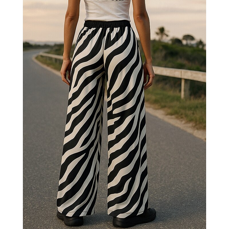 Women's Wide Leg Pants Casual Pants Pocket High Waist Bottoms Athleisure Gym Workout Fall Breathable Outdoor Loose Fit Sportswear Activewear Stripes Black2