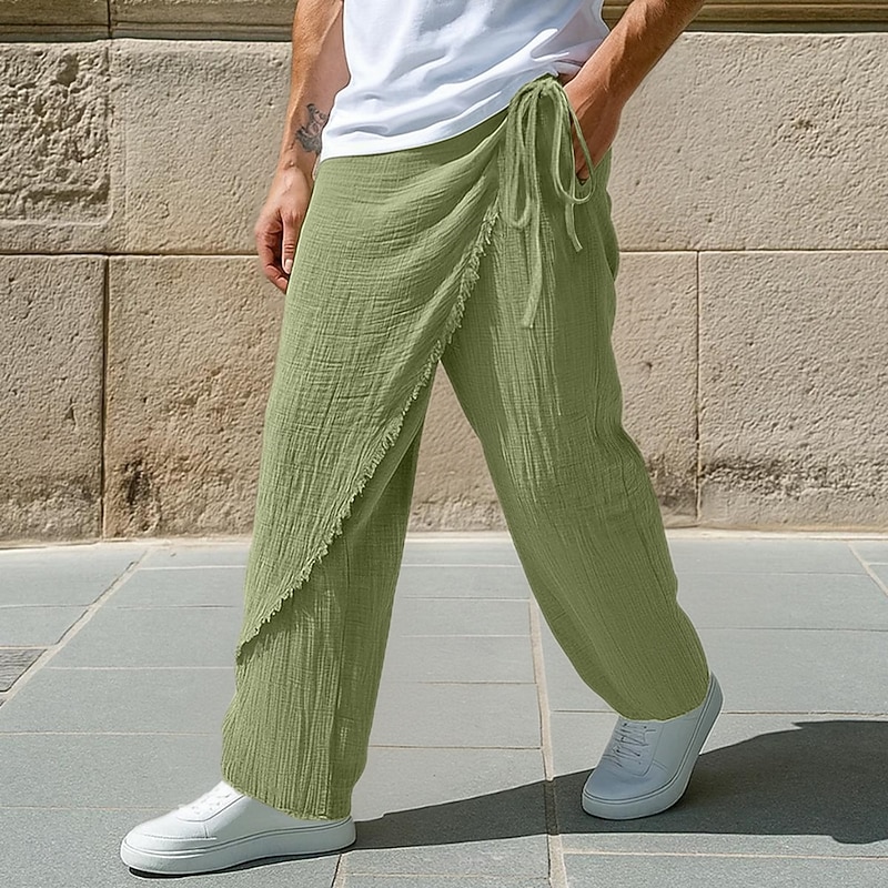Men's Linen Pants Trousers Summer Pants Drawstring Elastic Waist Straight Leg Solid Color Plain Comfort Breathable Full Length Outdoor Casual Daily Vacation Fashion White Brown Inelastic