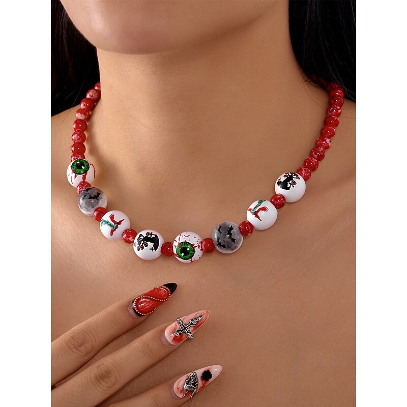 Women's Halloween Beaded Necklace and Bracelet Set – Colorful Eyeball and Pumpkin Beads, Spooky Cute Style for Parties and Cosplay2