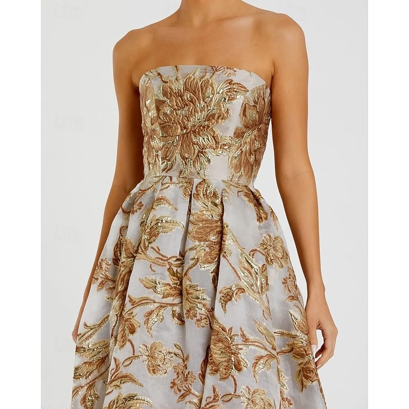 Gold Metallic Floral Brocade A-Line Cocktail Dresses Elegant Dress Formal Wedding Tea Length Midi Length Sleeveless Strapless with Pleats2