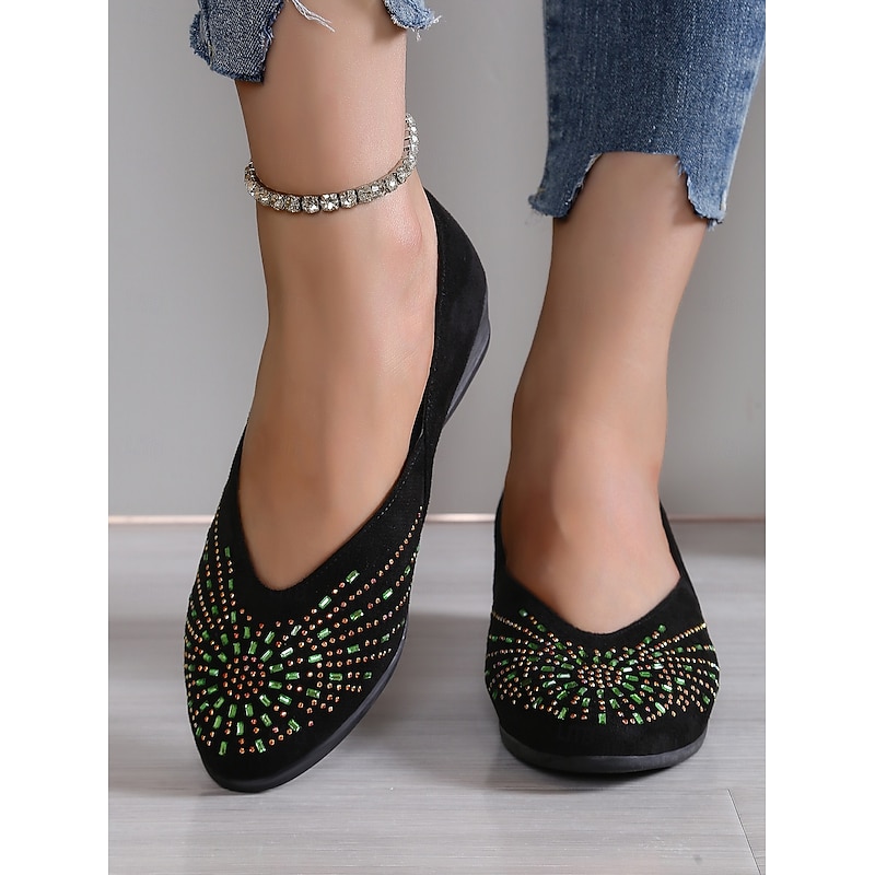 Black Faux Suede Flat Shoes for Women – Comfortable Slip-On Flats with Rhinestone Detailing, Trendy Casual Footwear