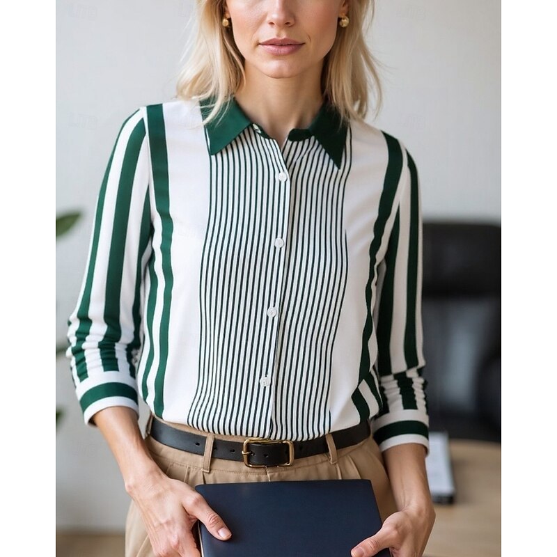 Women's Blouse Dressy Tops Chiffon Tops Color Block Striped Elegant Daily Stylish Long Sleeve Shirt Collar Regular Tops Work Daily Buttons Print Pink Wine Blue Brown Green Spring, Fall, Winter, Summer4