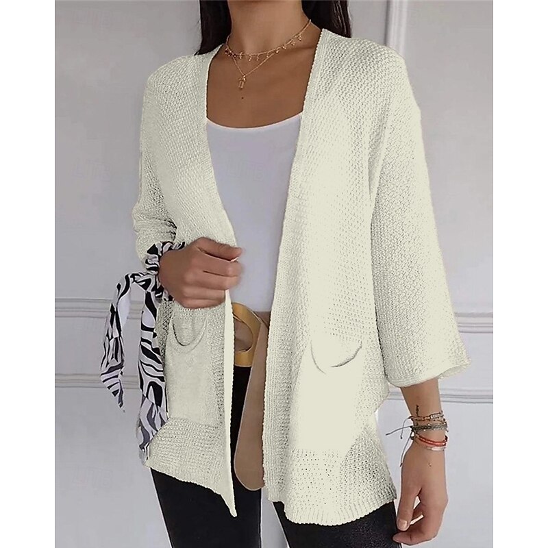 Women's Sweater Cardigan Fashion Streetwear Daily Solid Color Ribbed Open Front Knitted 3/4 Length Sleeve Regular Tops Knit Holiday Going out Weekend Army Green Navy Blue Spring Fall2