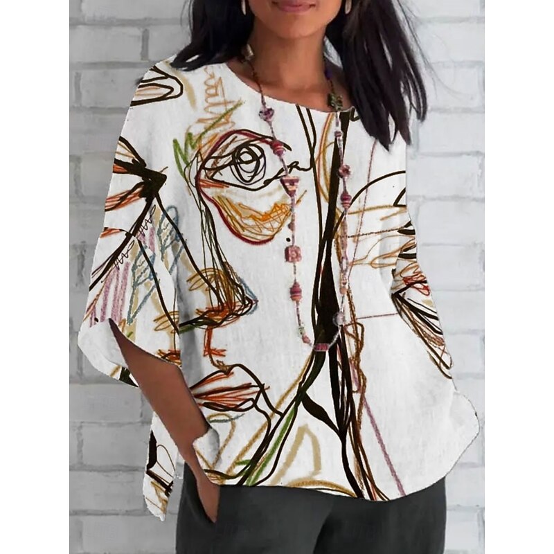 Women's Shirt Abstract Daily Casual 3/4 Length Sleeve Crew Neck Regular Tops Daily Holiday Print White Blue Green Summer Spring Fall2