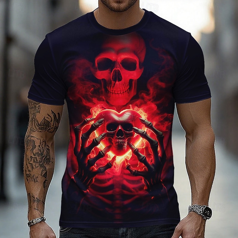 Halloween Men's Skull 3D T Shirt Short Sleeve T shirt 3D Print Crew Neck Shirt Fashion Exaggerated Daily Party Street Casual Yellow Red Blue Summer Spring All Seasons Clothing Apparel S M L XL XXL