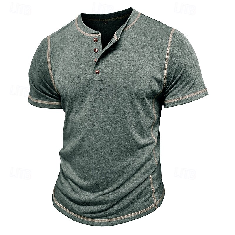 Men's Henley Shirt Cotton Shirt Tee Short Sleeve Solid Color Plain Solid Fashion Designer Casual Color Block Buttons Henley Outdoor Casual Daily Summer Dark Grey Black Blue Henley T-Shirt
