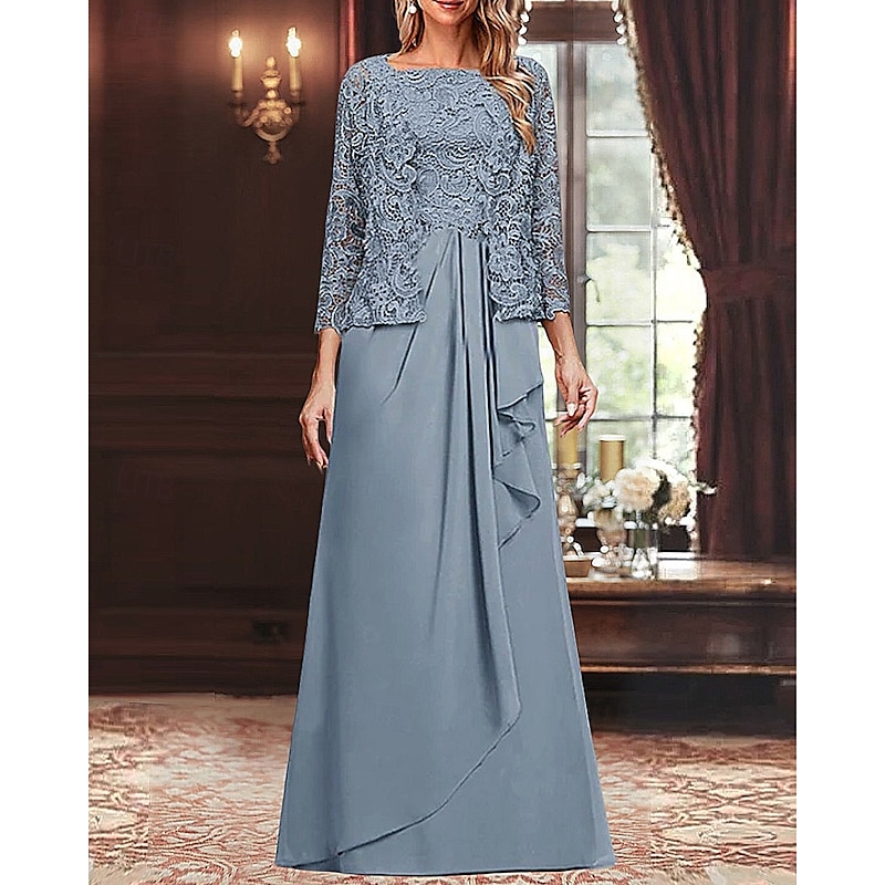 Two Piece A-Line Mother of the Bride Dress Elegant Simple Minimalist Square Neck Floor Length Chiffon Corded Lace Sleeveless 3/4 Length Sleeve with Pleats Ruched Cascading Ruffles
