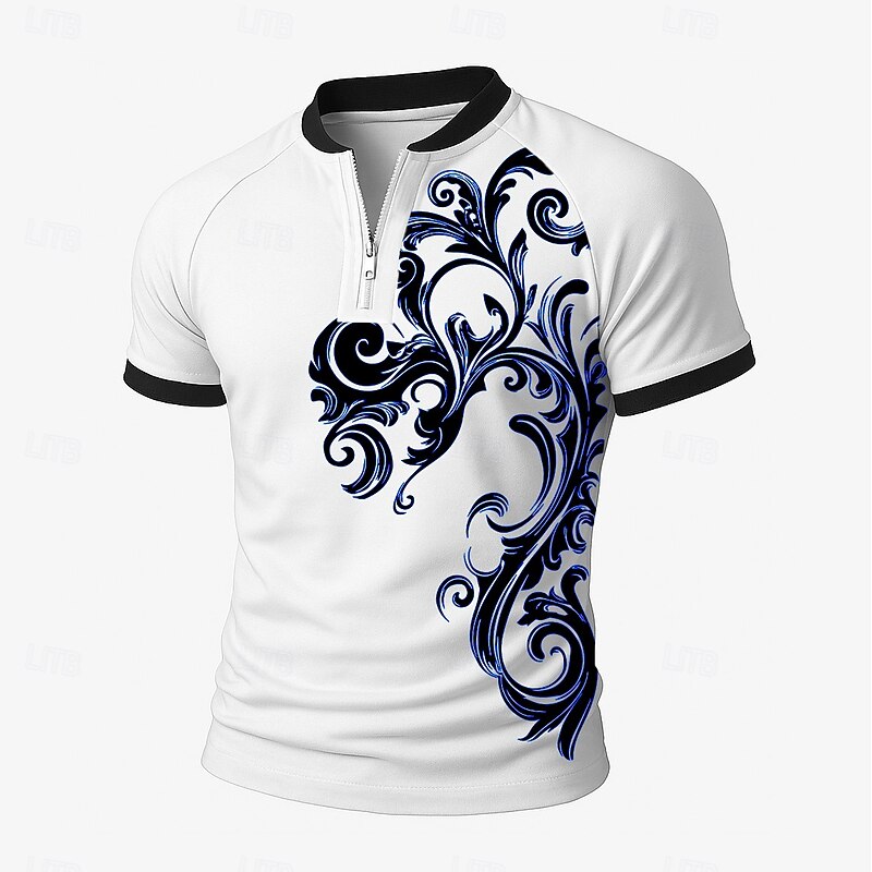 Men's Floral Zip Polo Short Sleeve Stand Collar Business Modern Leisure Sports & Outdoor Athleisure Casual Daily Zipper 3D Print Summer Violet Robin's Egg Blue Black2
