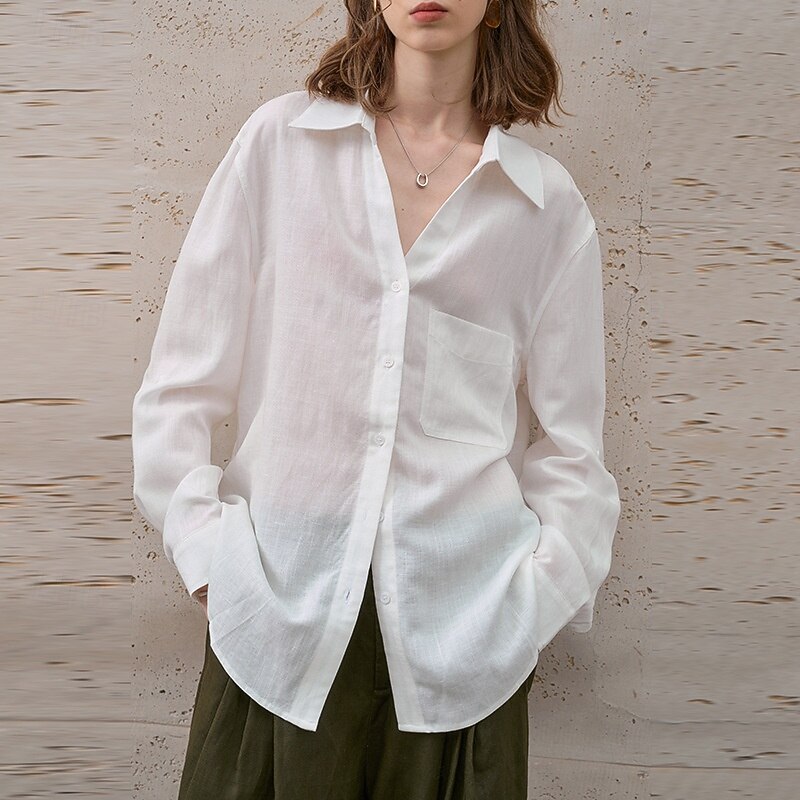 Women's 100% Linen  Shirt Solid Color Elegant Vintage Daily Long Sleeve Shirt Collar Regular Tops Work Daily Holiday Light Yellow Big white Summer Spring Fall2