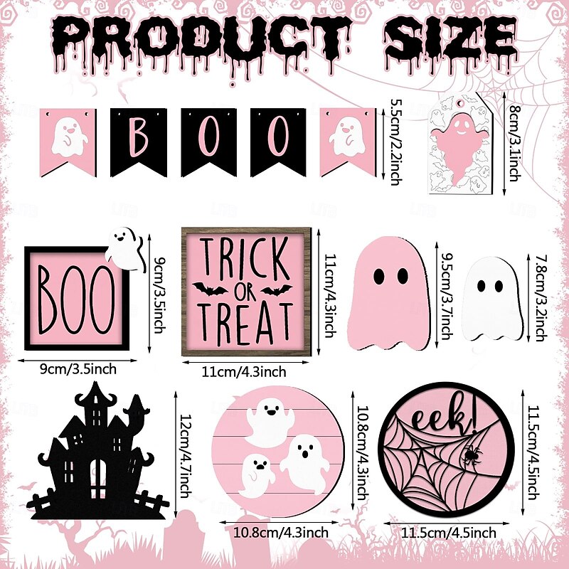 15-Piece Halloween Pink Tiered Tray Decor Set, Cute Ghost Wooden Signs and Farmhouse Style Decorations for Home, Table, and Party Supplies3