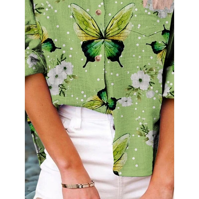 Women's Shirt Floral Butterfly Active Daily Stylish Long Sleeve Shirt Collar Regular Tops Daily Holiday Buttons Print Green Summer Spring Fall2