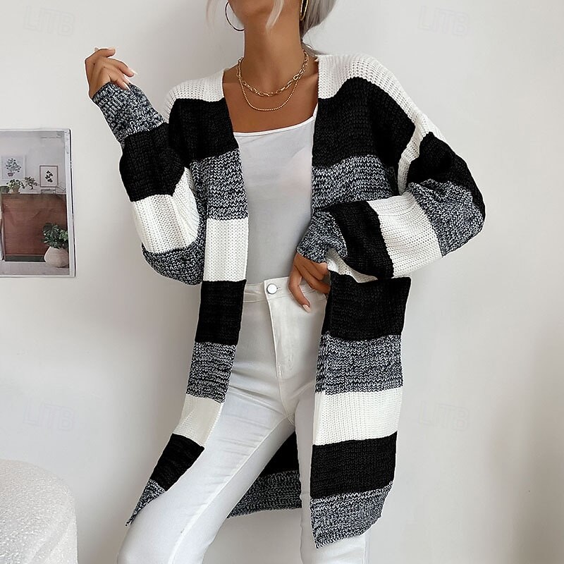 Women's Sweater Cardigan Fashion Streetwear Daily Color Block Ribbed Open Front Knitted Long Sleeve Long Tops Knit Holiday Going out Weekend Black Coffee Fall Winter4