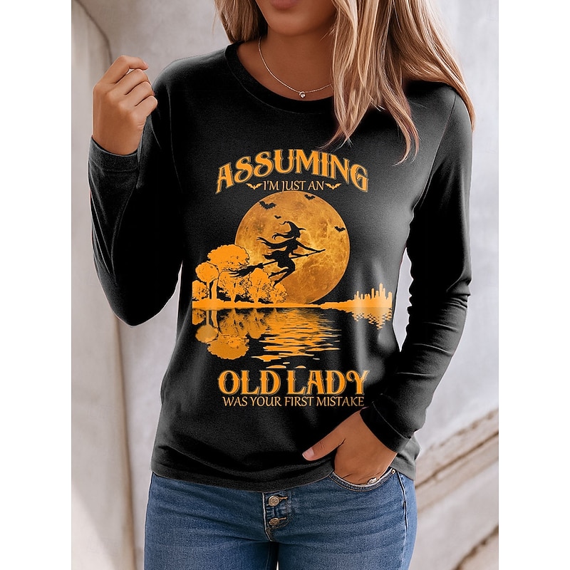 Halloween Women's T shirt Witch Long Sleeve Crew Neck Long Sleeve Tunic Graphic Letter Vintage Stylish Classic Regular Tops Daily Print Yellow Pink Blue Orange Green Spring Fall Prefall