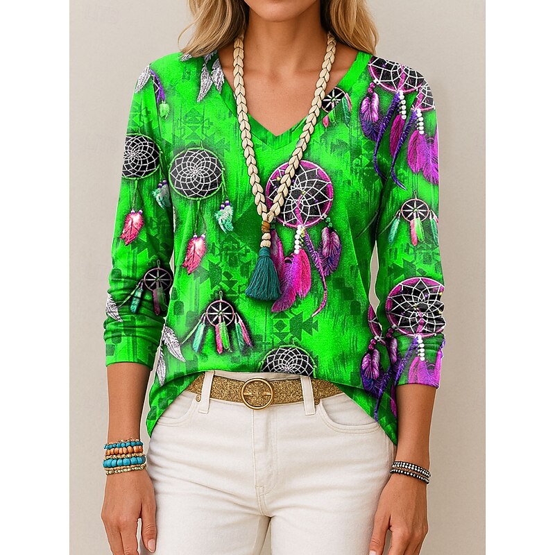 Women's T Shirt V Neck Long Sleeve Tunic Graphic Feather Vintage Stylish Casual Regular Tops Daily Print Blue Purple Orange Green Summer Spring Fall4