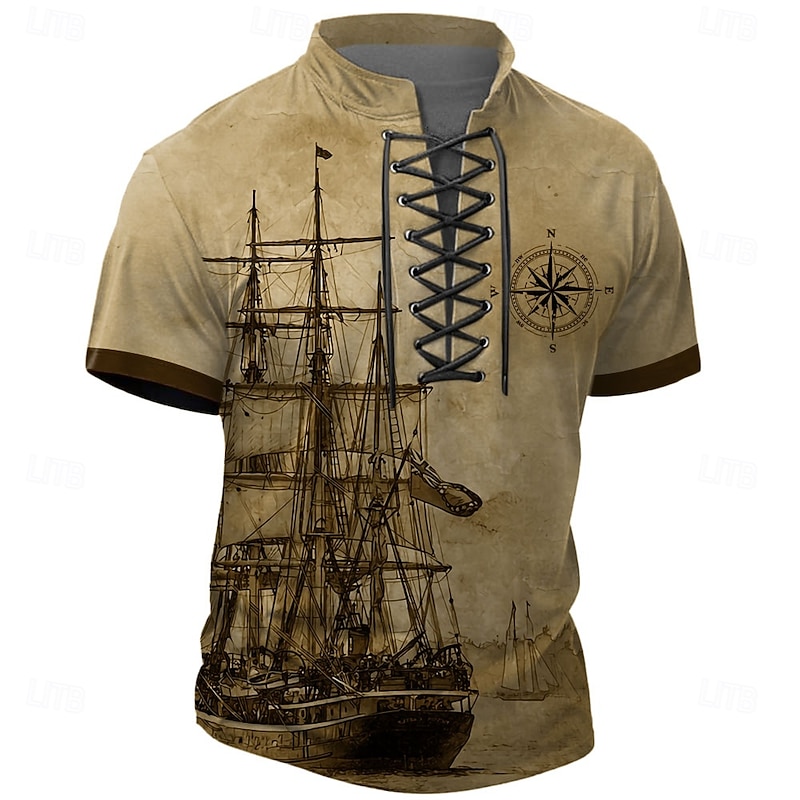 Halloween Men's Ship Henley Shirt T shirt Tee Short Sleeve T shirt 3D Print Crew Neck Lace Up Neck Henley Shirt Retro Vintage Casual Vintage Retro Street Sports Outdoor Casual Blue Green Khaki Summer2