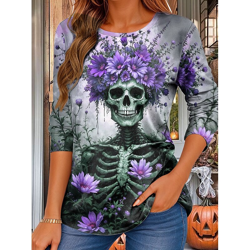 Halloween Women's T Shirt Skulls Crew Neck Long Sleeve Tunic Floral Graphic Vintage Stylish Regular Tops Daily Print Pink Purple Orange Green Fall4