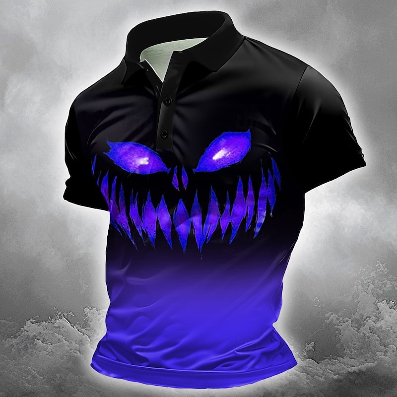 Halloween Men's Pumpkin Polo Short Sleeve Polo Shirts Collared Shirts Casual Horror Dark Outdoor Athleisure Festival Outfit 3D Print Buttons Summer Blue Purple Orange3