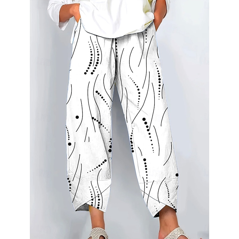 Women's Wide Leg Chinos Baggy Pants Vacation Vintage Ethnic Style Ankle-Length High Waist Graphic Geometric Polka Dot Drawstring Patchwork Printing Breathable Inelastic Outdoor Vacation Street Light4