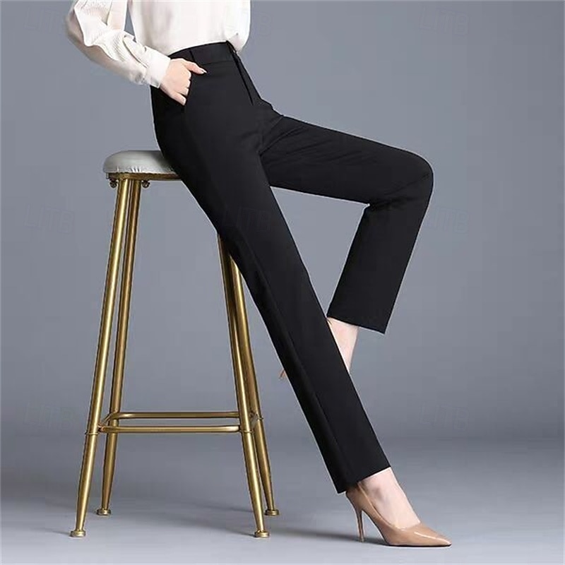 Women's Dress Pants Pants Trousers Straight Fashion Streetwear Full Length Mid Waist Plain Pocket Breathability Comfortable Micro-elastic Street Daily Wear Going out Black Spring Fall Regular Fit3