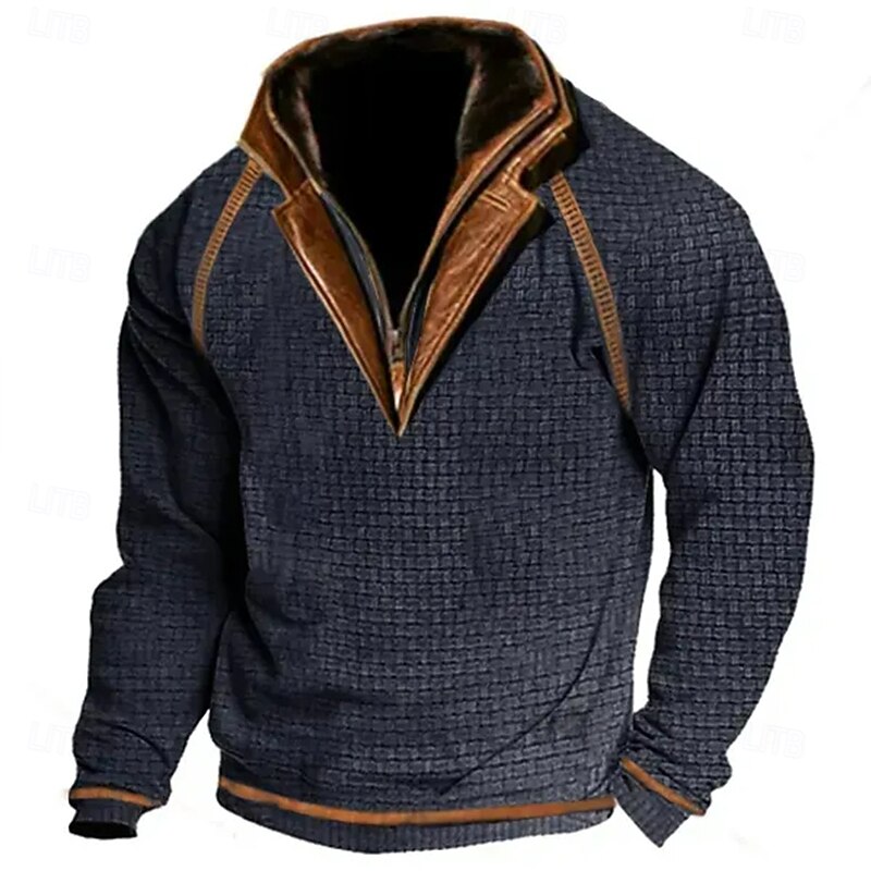 Men's Sweatshirt Waffle Sweatshirt Pullover Quarter Zip Sweatshirt Tactical Navy Blue Green Khaki Gray Standing Collar Color Block Patchwork Sports & Outdoor Casual Daily Vintage Streetwear Spring4