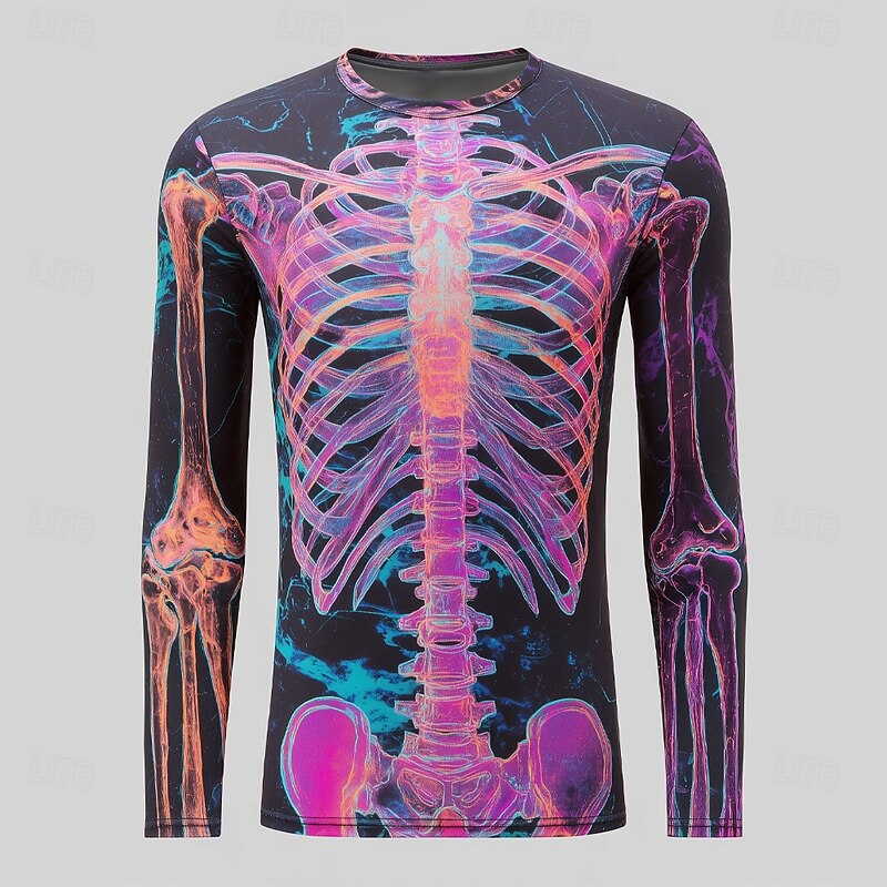 Halloween Day of the Dead Skull Men's Skeleton T Shirt Long Sleeve T shirt 3D Print Crew Neck Shirt Fashion Exaggerated Street Casual Daily Summer Spring Fall Clothing Apparel
