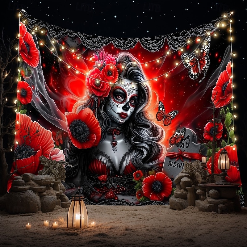 Day of the Dead Skeleton Bride Scene Wall Tapestry Backdrop, Gothic Red Curtain Spooky Decoration for 2025 Halloween Living Room, Bedroom