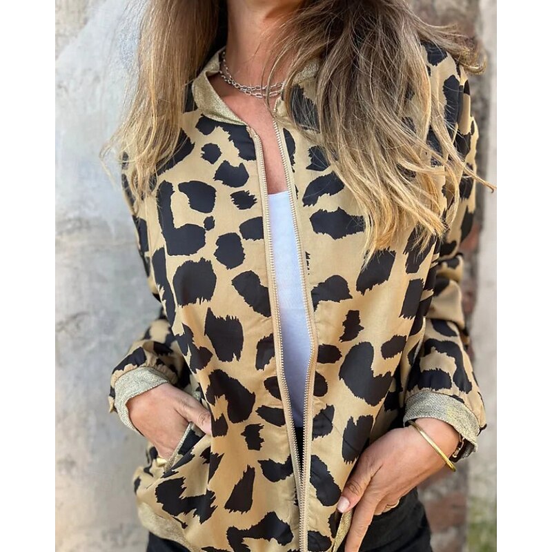 Women's Casual Jacket Warm Comfortable Zipper Pocket Fashion Outdoor Leopard Going out Weekend Zipper Regular Stand Collar Regular Fit Long Sleeve Outerwear Yellow Fall Winter2