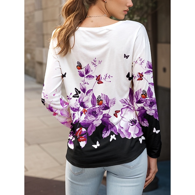 Women's T shirt Crew Neck Long Sleeve Tunic Floral Graphic Butterfly Vintage Stylish Classic  Round Neck Regular Tops Daily Print Yellow Red Blue Purple Green Fall2