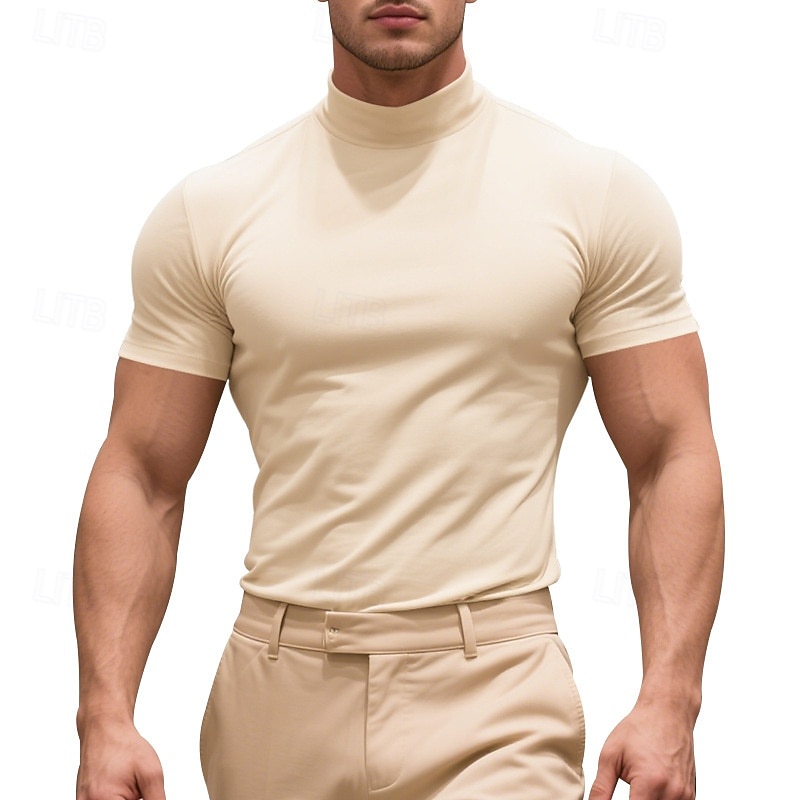 Men's T Shirt Turtleneck shirt Short Sleeve Turtleneck Summer Spring All Seasons Plain Fashion Classic Casual Basic Vacation Street Casual Black White khaki Top Tee for Men2