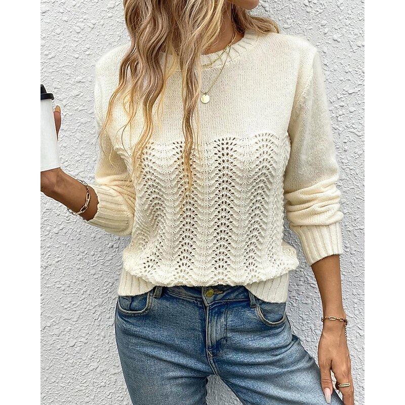 Women's Sweater Pullover Daily Stylish Casual Solid Color Ribbed Crew Neck Knitted Long Sleeve Regular Tops Knit Daily Holiday Going out Apricot Spring Fall