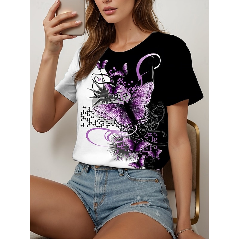 Women's T Shirt Graphic Animal Geometric Vintage Fashion Stylish Short Sleeve Crew Neck Round Neck Regular Tops Daily Weekend Print Black+White+Gray Yellow Red Blue Purple Summer Spring