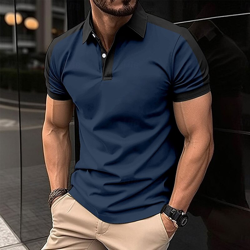 Men's Golf Shirt Business Casual Turndown Short Sleeve Fashion Solid Color Buttons Summer Orange red rice white Red Navy Blue Sky Blue Gold Golf Shirt3