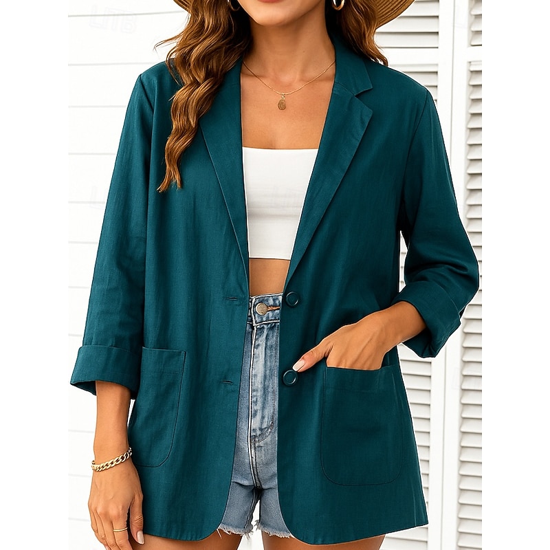 Women's Cotton Linen Blazer Comfortable Breathable Pocket Casual Plain Office Street Casual Daily Wear Single Breasted Regular Turndown Regular Fit Long Sleeve Outerwear White Green Beige Summer