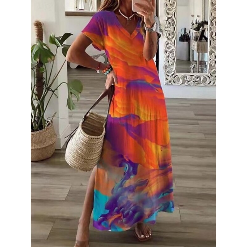 Women's Maxi Dress A Line Dress Summer Dress Casual Daily Regular Fit Floral Graphic Short Sleeve V Neck Navy Blue Orange Green Summer2
