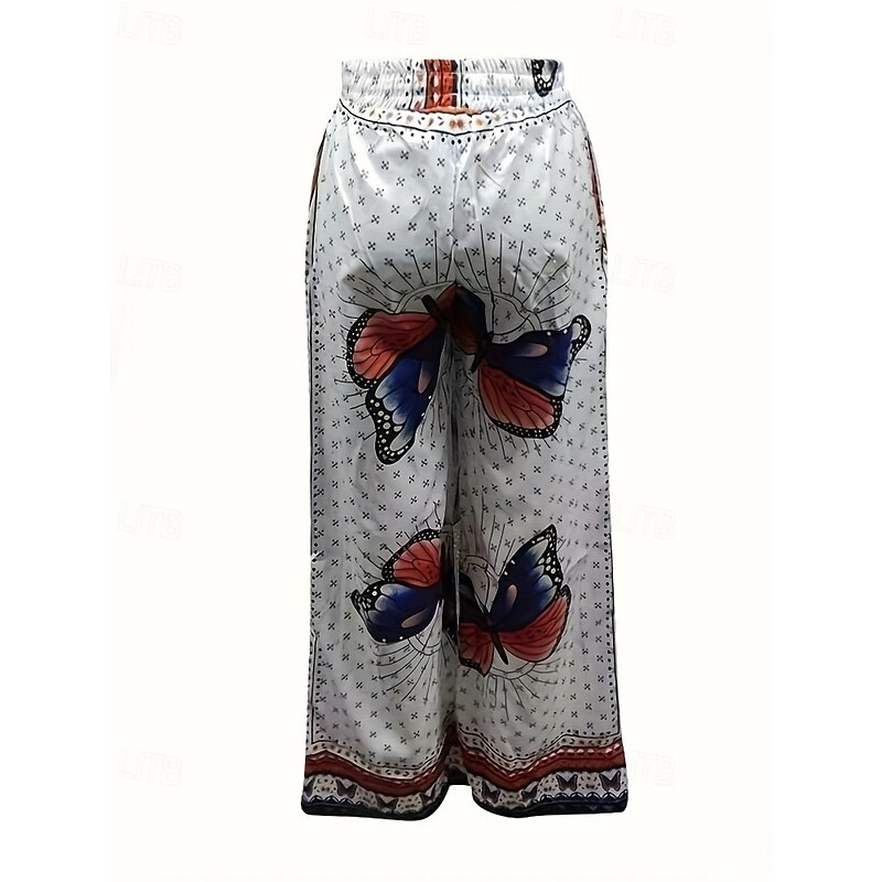 Women's Wide Leg Slacks Streetwear Casual Full Length Natural Butterfly Pocket Drawstring Print Comfortable Outdoor Vacation Street Black White Fall Regular Fit2