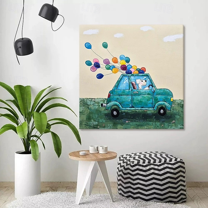 Handmade Oil Painting Canvas Wall Art Decoration Modern Cartoon Car Balloon Puppy for Home Decor Stretched Frame Hanging Painting/Rolled Canvas (No Frame)