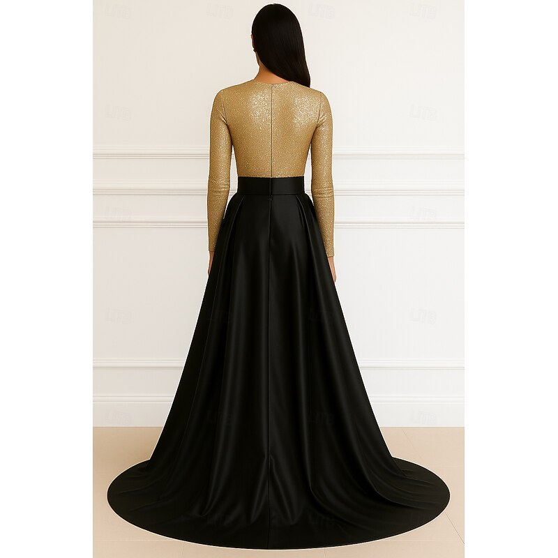 Black Gold A-Line Evening Gown Elegant Dress Formal Wedding Floor Length Long Sleeve Crew NeckMother Of the Bride Stretch Satin with Glitter Sequin2