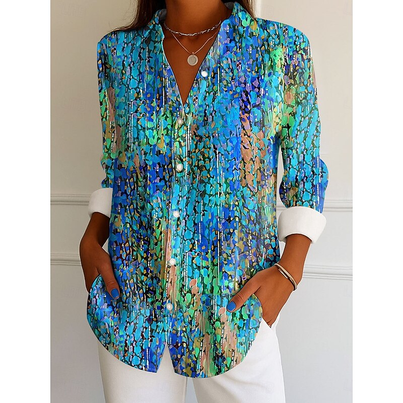 Women's Shirt Button Down Tunic Shirt Collar Long Sleeve Ombre Graphic Elegant Vintage Tropical Regular Tops Work Daily s Print Blue Purple Orange Green Spring