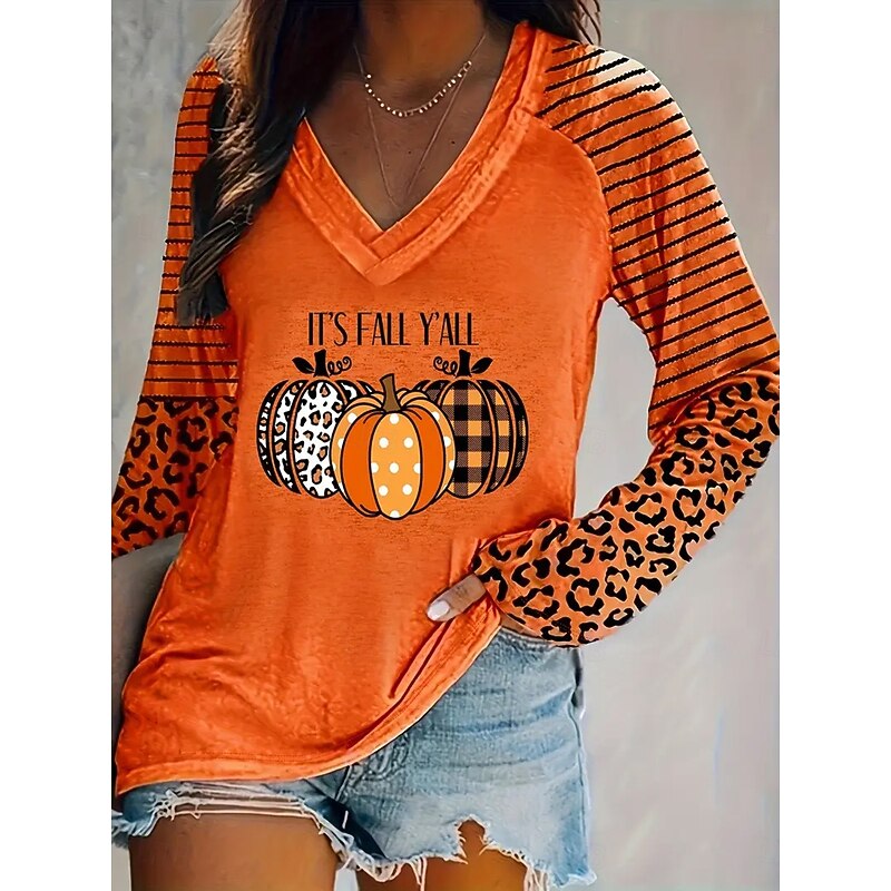 Halloween Women's T shirt Pumpkin Long Sleeve V Neck Long Sleeve Graphic Casual Flag Elegant Vintage Stylish Regular Tops Daily Going out Weekend Print Orange Spring Fall Prefall