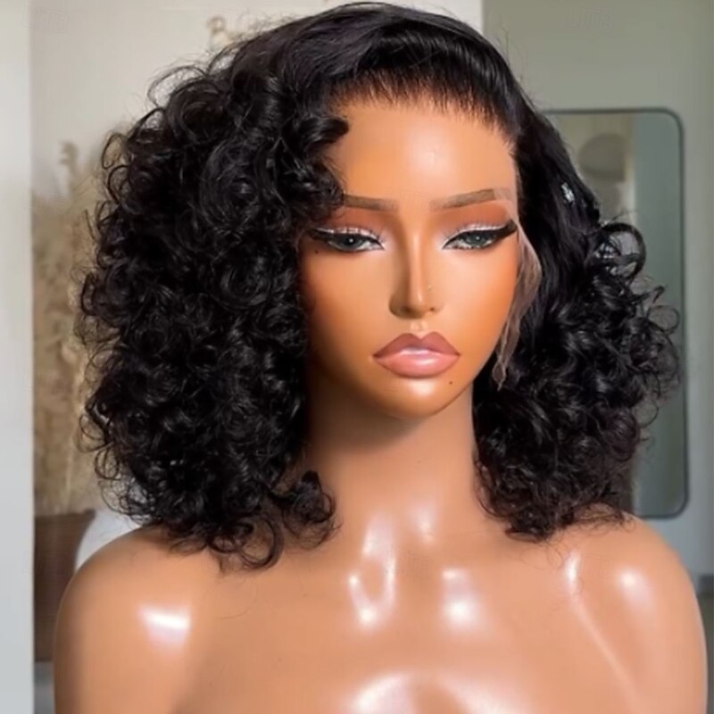 Remy Human Hair 5x5 Closure 13x4 Lace Front Wig Short Bob Brazilian Hair Loose Wave Black Wig 130% 150% Density with Baby Hair 100% Virgin Glueless Pre-Plucked For Women Short Human Hair Lace Wig3